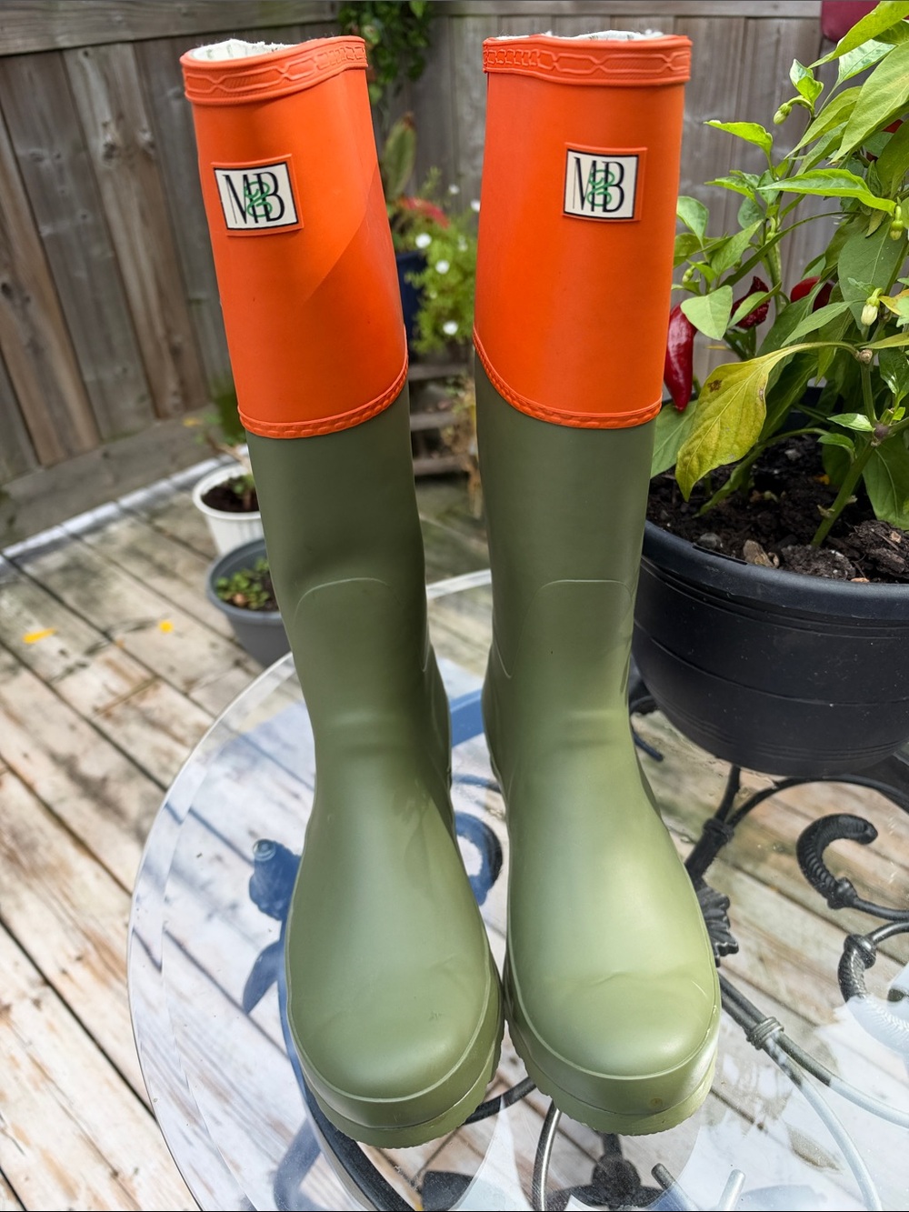 Two-Tone Olive Green & Orange Rain Boots